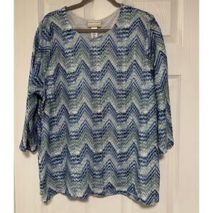 Alfred Dunner Women's Blue Green Chevron Mesh Lining Top Size 3X